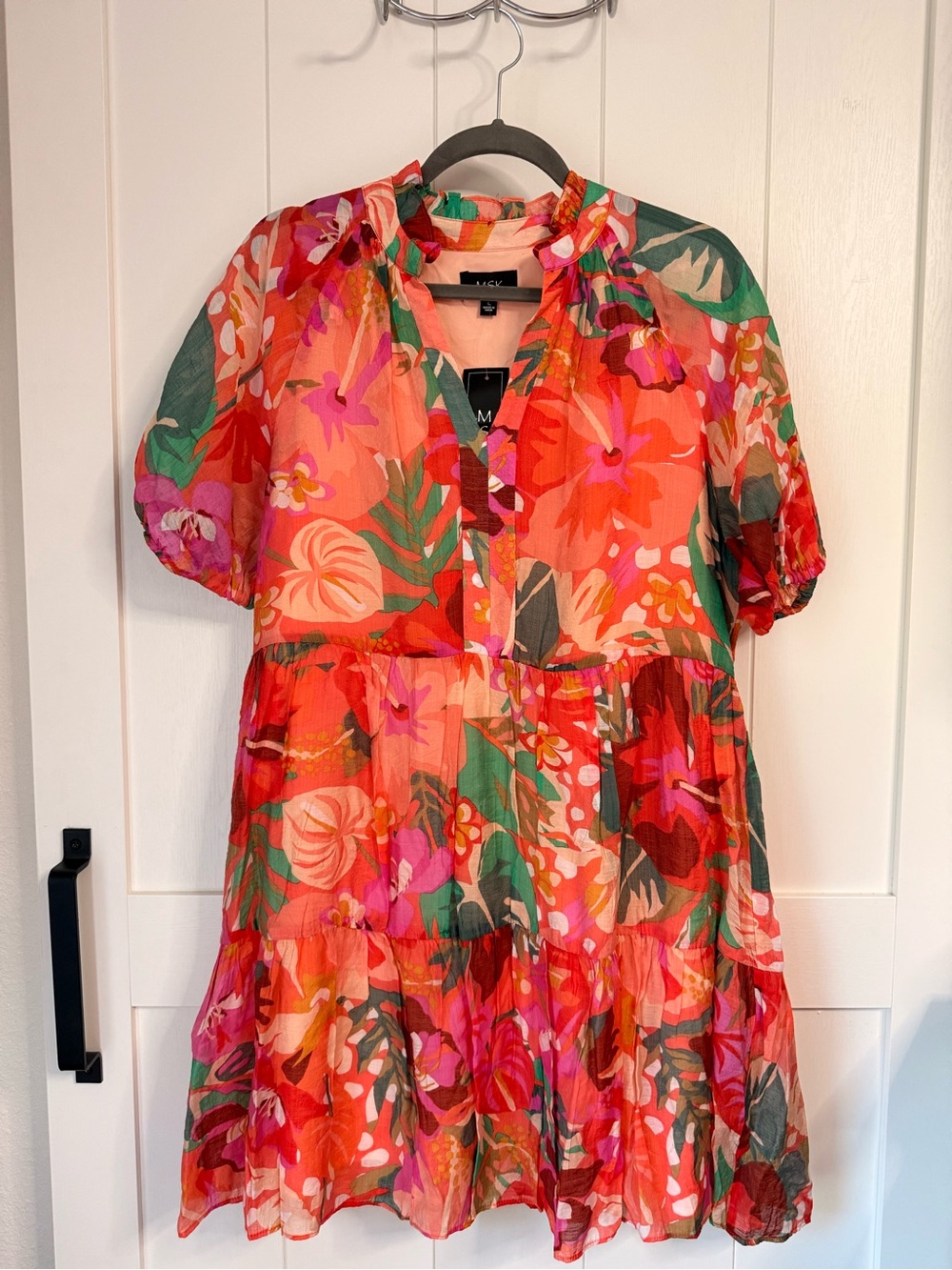 Misa Los Angeles Coral Pink Green Floral Mini Dress